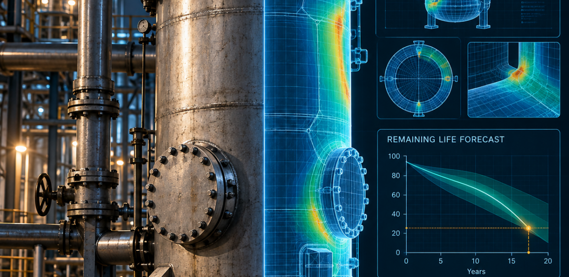 Physical pressure vessel paired with a physics-based digital twin and remaining-life forecast
