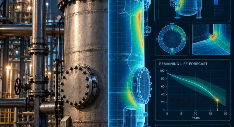 Physical pressure vessel paired with a physics-based digital twin and remaining-life forecast