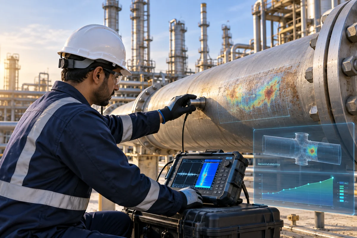 NDT engineer inspecting refinery piping with ultrasonic testing and reliability analytics