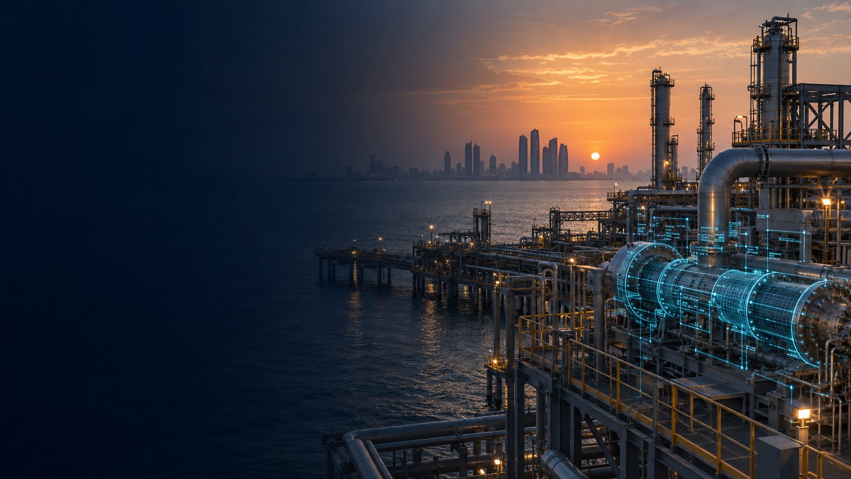 Concept illustration of Abu Dhabi coastal energy infrastructure with a digital twin