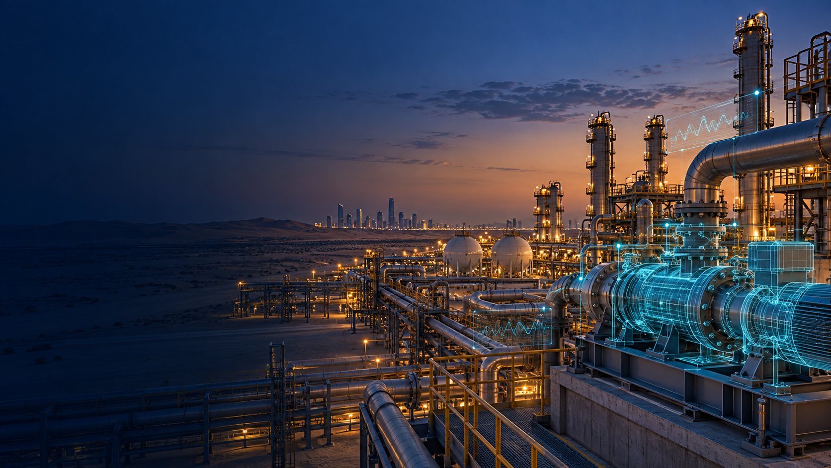 Concept illustration of a UAE desert industrial facility with an engineering digital twin